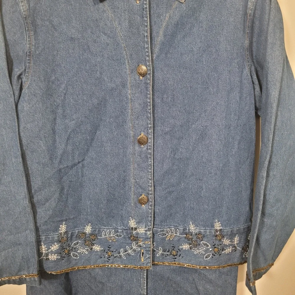 Field Manor Size 12 Denim Dress and Jacket Set Womens Embroidered Beaded Blue